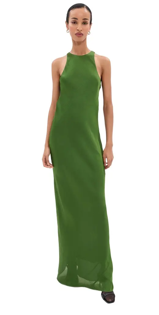 Tibi Matte Satin Plisse Maxi Bias Dress