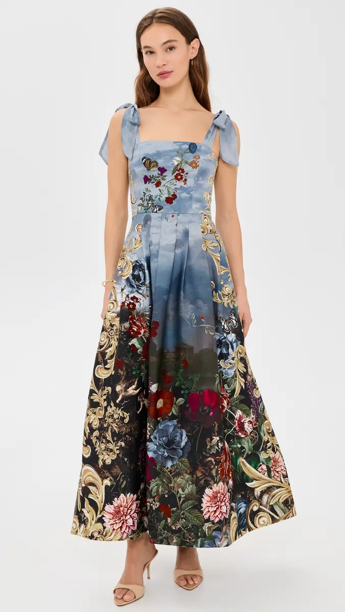 Alice + Olivia Hana Square Neck Tie Strap Midi Dress | Thumbnail 2