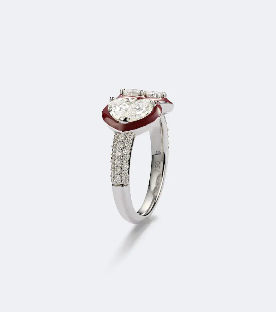 Kamyen Twin Heart 18kt white gold and enamel ring with diamonds | Thumbnail 2