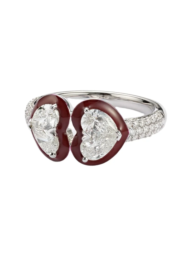 Kamyen Twin Heart 18kt white gold and enamel ring with diamonds