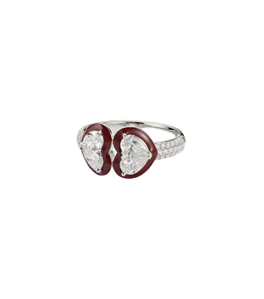 Twin Heart 18kt white gold and enamel ring with diamonds Twin Heart 18kt white gold and enamel ring with diamonds