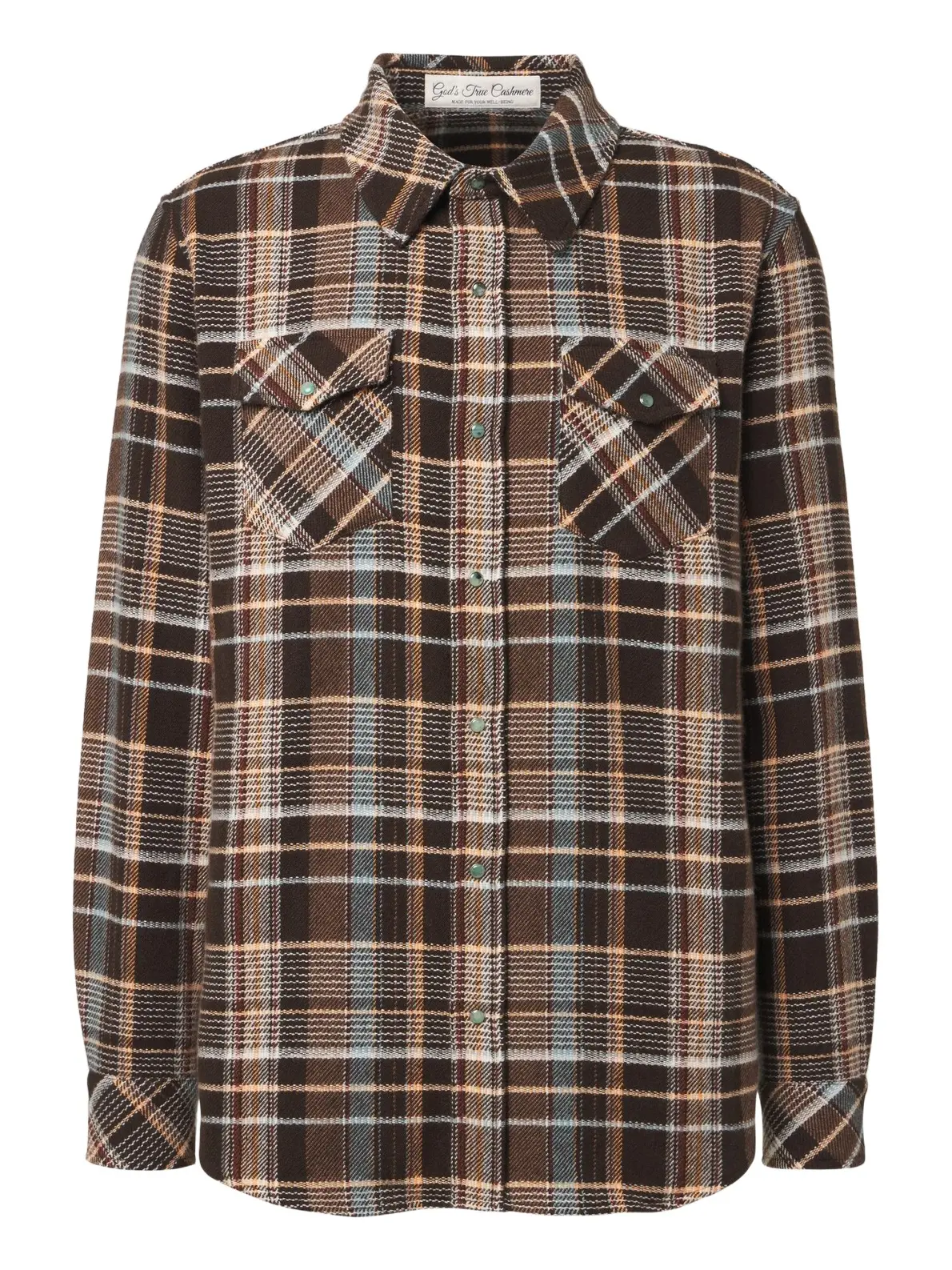 God’s True Cashmere Wilderness plaid cashmere shirt with emeralds