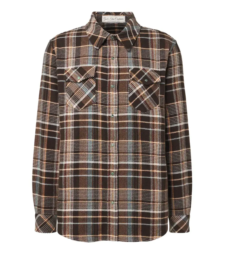 God’s True Cashmere Wilderness plaid cashmere shirt with emeralds