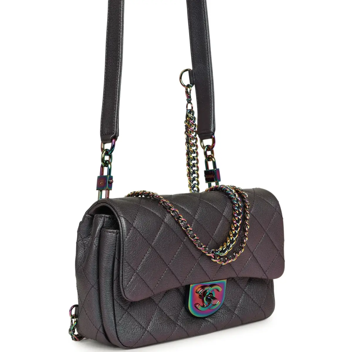 Chanel Pre-owned Chanel Small Double Carry Waist Chain Flap Bag Purple Iridescent Goatskin Rainbow Hardware | Thumbnail 2 Chanel Pre-owned Chanel Small Double Carry Waist Chain Flap Bag Purple Iridescent Goatskin Rainbow Hardware | Thumbnail 2