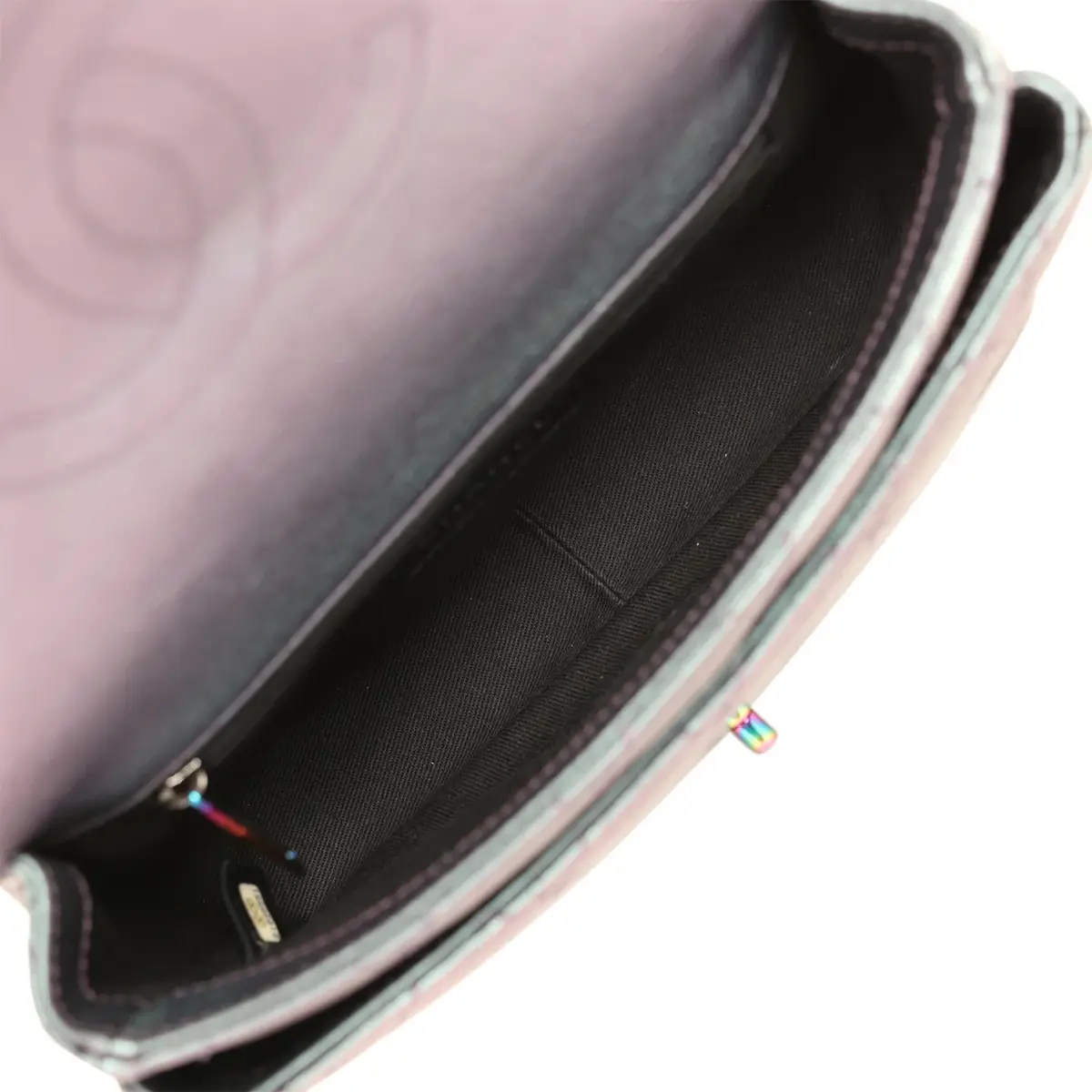 Chanel Pre-owned Chanel Small Double Carry Waist Chain Flap Bag Purple Iridescent Goatskin Rainbow Hardware | Thumbnail 11 Chanel Pre-owned Chanel Small Double Carry Waist Chain Flap Bag Purple Iridescent Goatskin Rainbow Hardware | Thumbnail 11