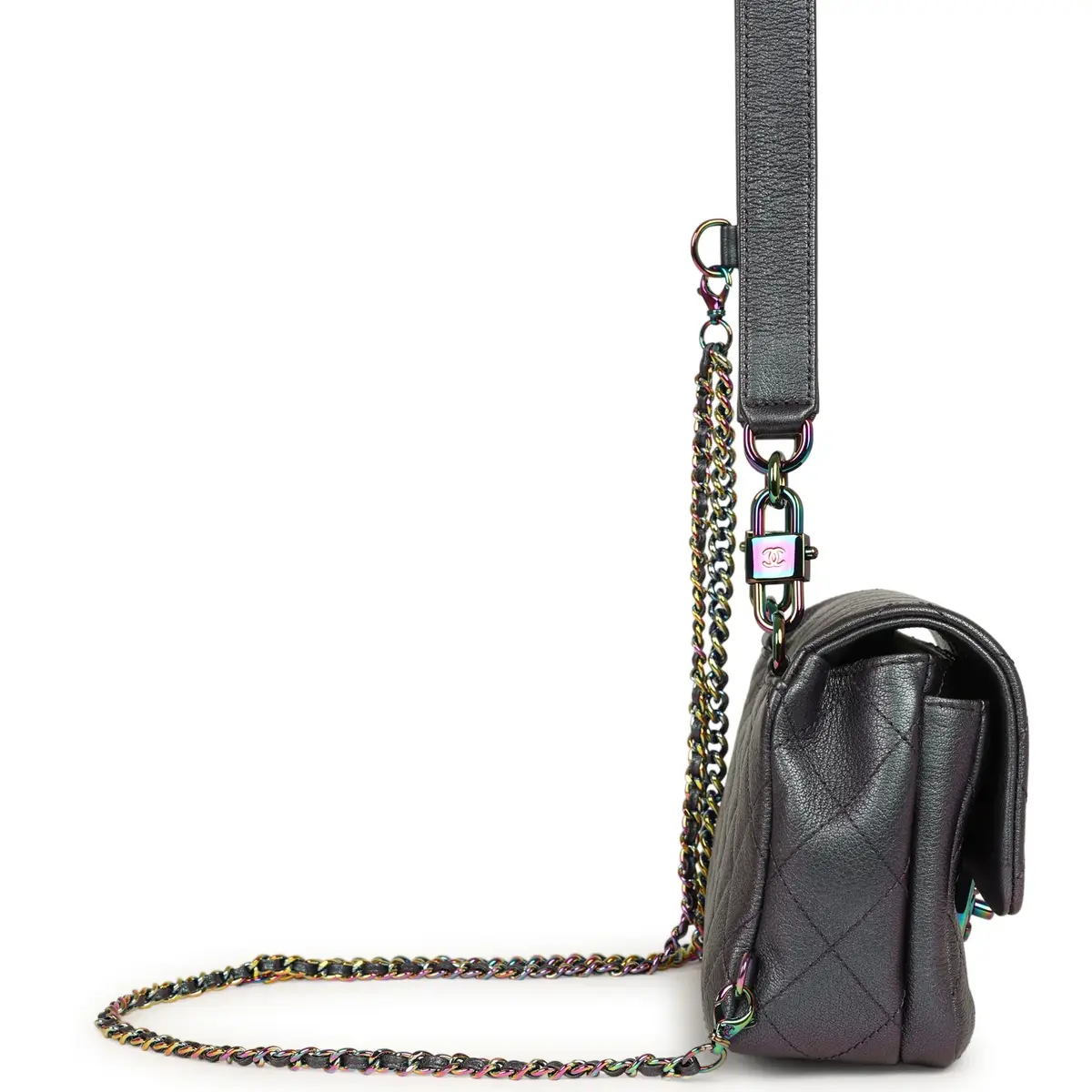 Chanel Pre-owned Chanel Small Double Carry Waist Chain Flap Bag Purple Iridescent Goatskin Rainbow Hardware | Thumbnail 3 Chanel Pre-owned Chanel Small Double Carry Waist Chain Flap Bag Purple Iridescent Goatskin Rainbow Hardware | Thumbnail 3