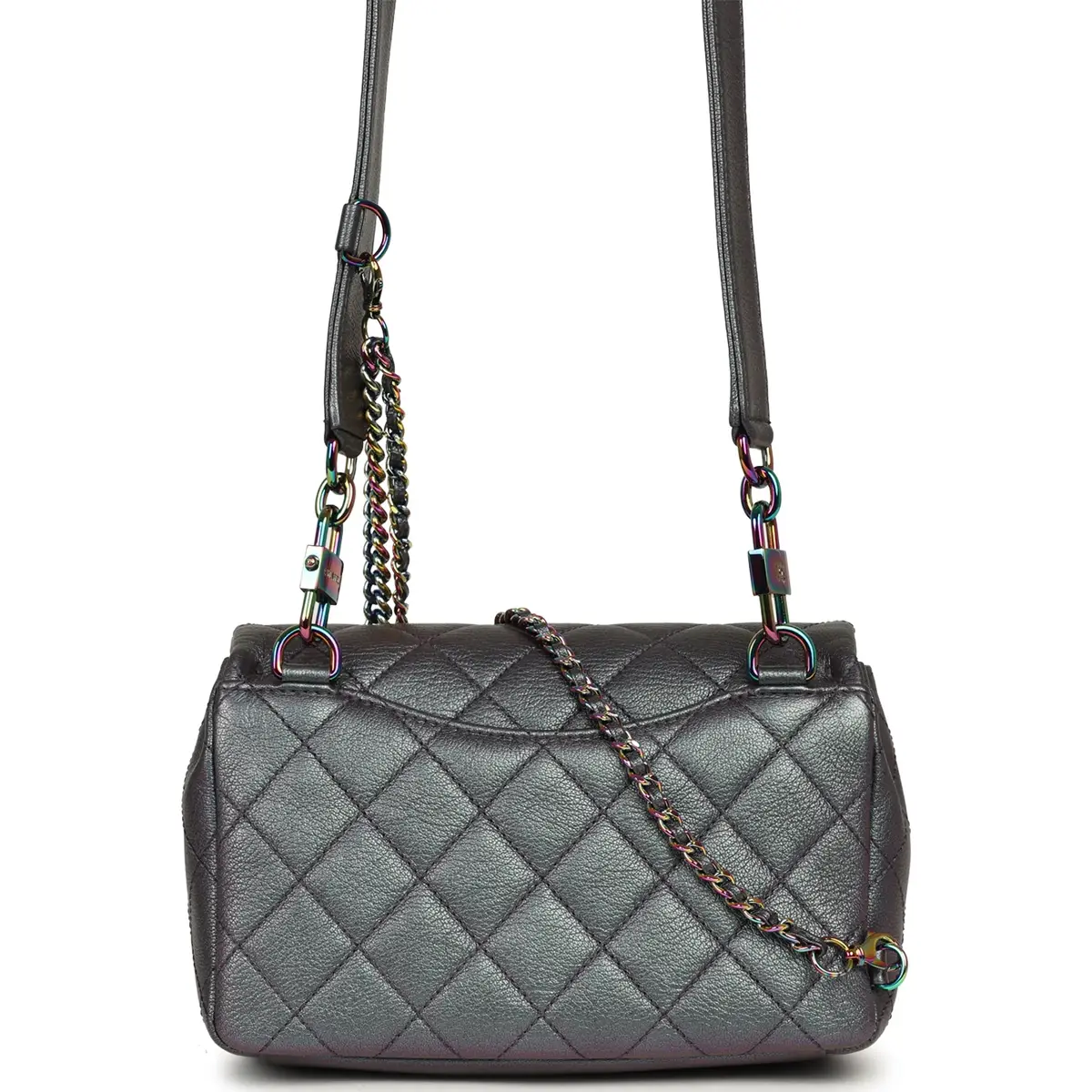Chanel Pre-owned Chanel Small Double Carry Waist Chain Flap Bag Purple Iridescent Goatskin Rainbow Hardware | Thumbnail 4 Chanel Pre-owned Chanel Small Double Carry Waist Chain Flap Bag Purple Iridescent Goatskin Rainbow Hardware | Thumbnail 4