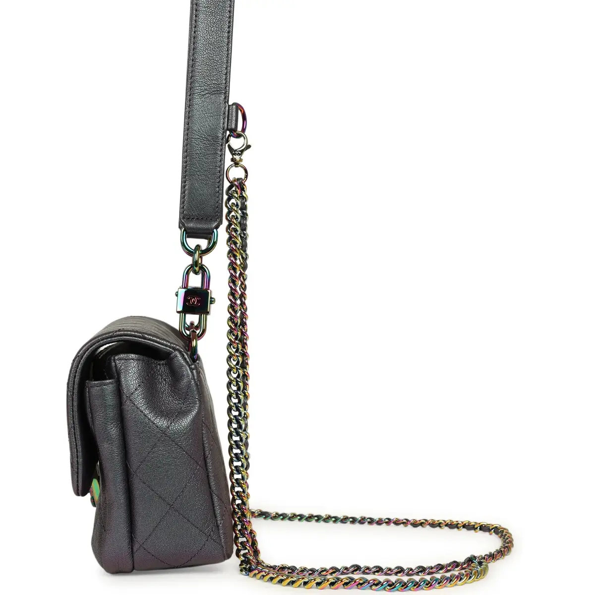 Chanel Pre-owned Chanel Small Double Carry Waist Chain Flap Bag Purple Iridescent Goatskin Rainbow Hardware | Thumbnail 5 Chanel Pre-owned Chanel Small Double Carry Waist Chain Flap Bag Purple Iridescent Goatskin Rainbow Hardware | Thumbnail 5