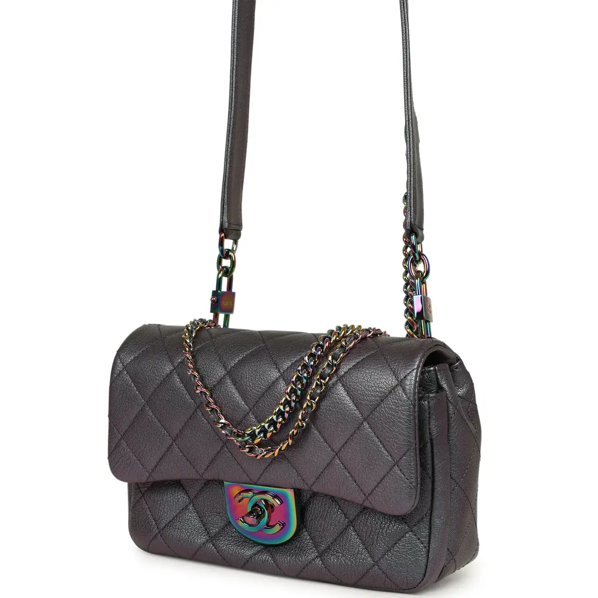 Chanel Pre-owned Chanel Small Double Carry Waist Chain Flap Bag Purple Iridescent Goatskin Rainbow Hardware | Thumbnail 6 Chanel Pre-owned Chanel Small Double Carry Waist Chain Flap Bag Purple Iridescent Goatskin Rainbow Hardware | Thumbnail 6