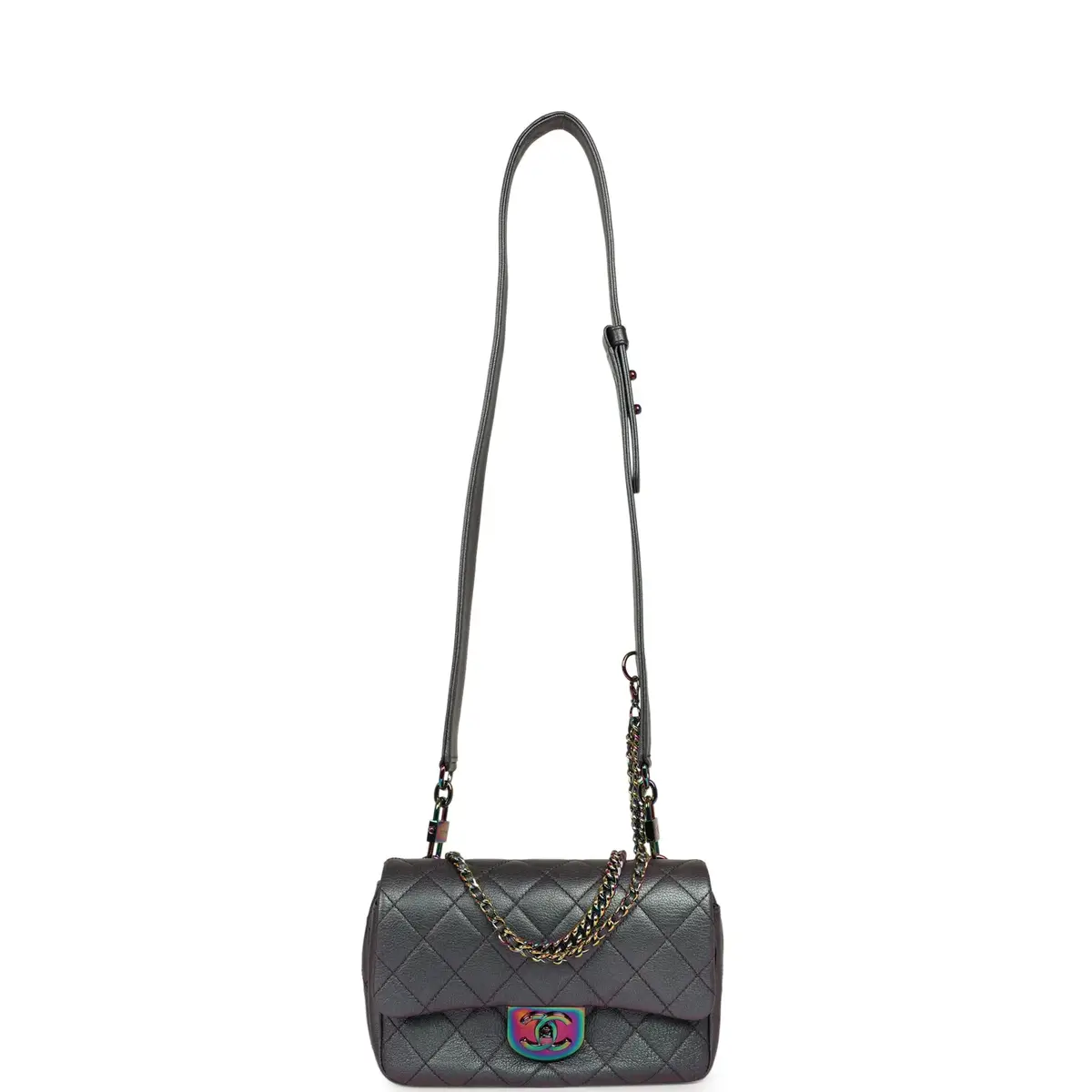 Chanel Pre-owned Chanel Small Double Carry Waist Chain Flap Bag Purple Iridescent Goatskin Rainbow Hardware | Thumbnail 7 Chanel Pre-owned Chanel Small Double Carry Waist Chain Flap Bag Purple Iridescent Goatskin Rainbow Hardware | Thumbnail 7