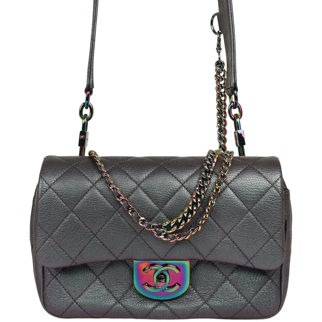 Pre-owned Chanel Small Double Carry Waist Chain Flap Bag Purple Iridescent Goatskin Rainbow Hardware Pre-owned Chanel Small Double Carry Waist Chain Flap Bag Purple Iridescent Goatskin Rainbow Hardware