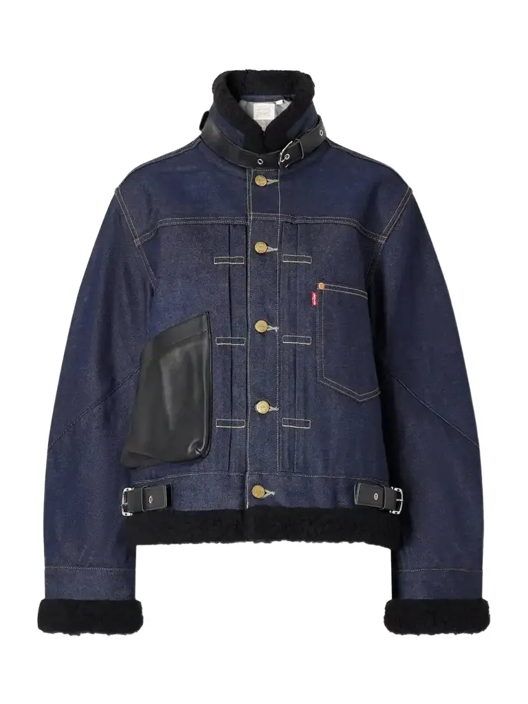 Sacai + Levi's Plush And Leather-trimmed Denim Jacket