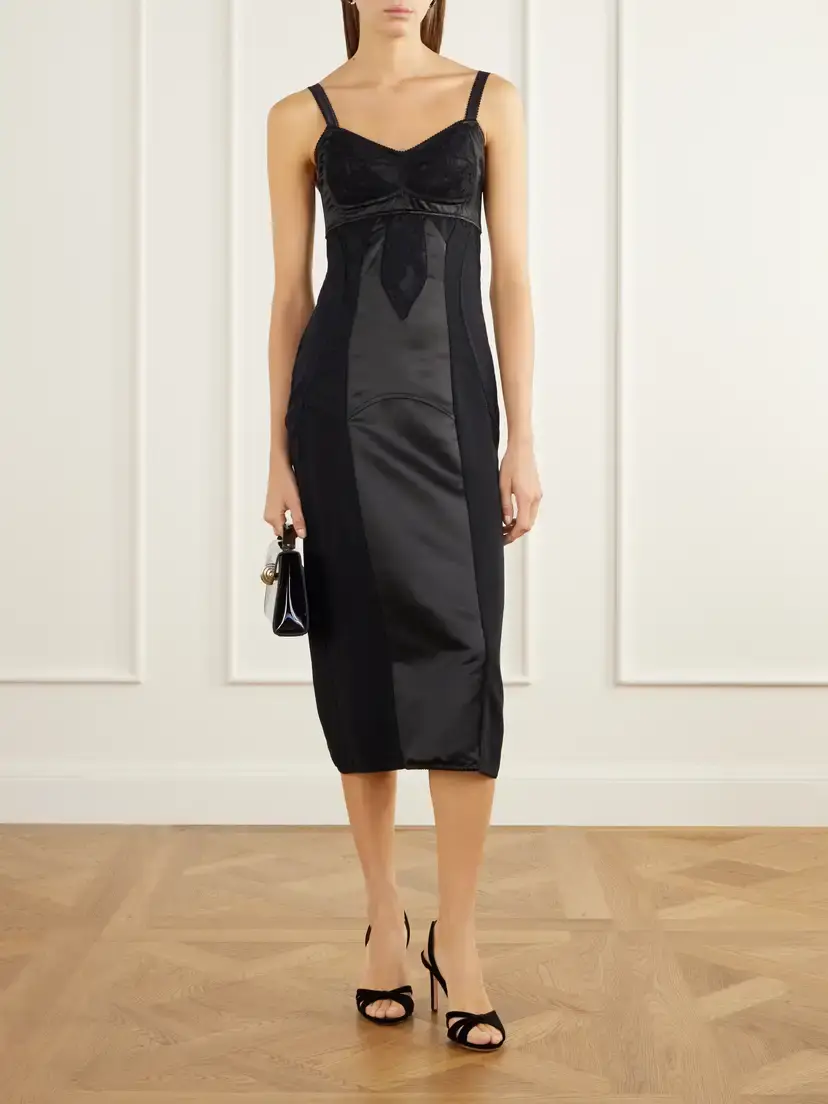 Dolce & Gabbana Paneled Cut-out Lace-trimmed Satin And Crepe Midi Dress | Thumbnail 2 Dolce & Gabbana Paneled Cut-out Lace-trimmed Satin And Crepe Midi Dress | Thumbnail 2