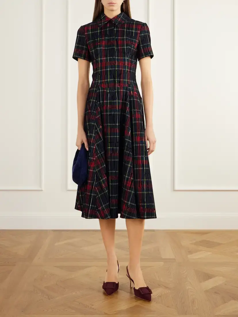 Emilia Wickstead Jody Checked Flocked Velvet-trimmed Gabardine Midi Dress | Thumbnail 2