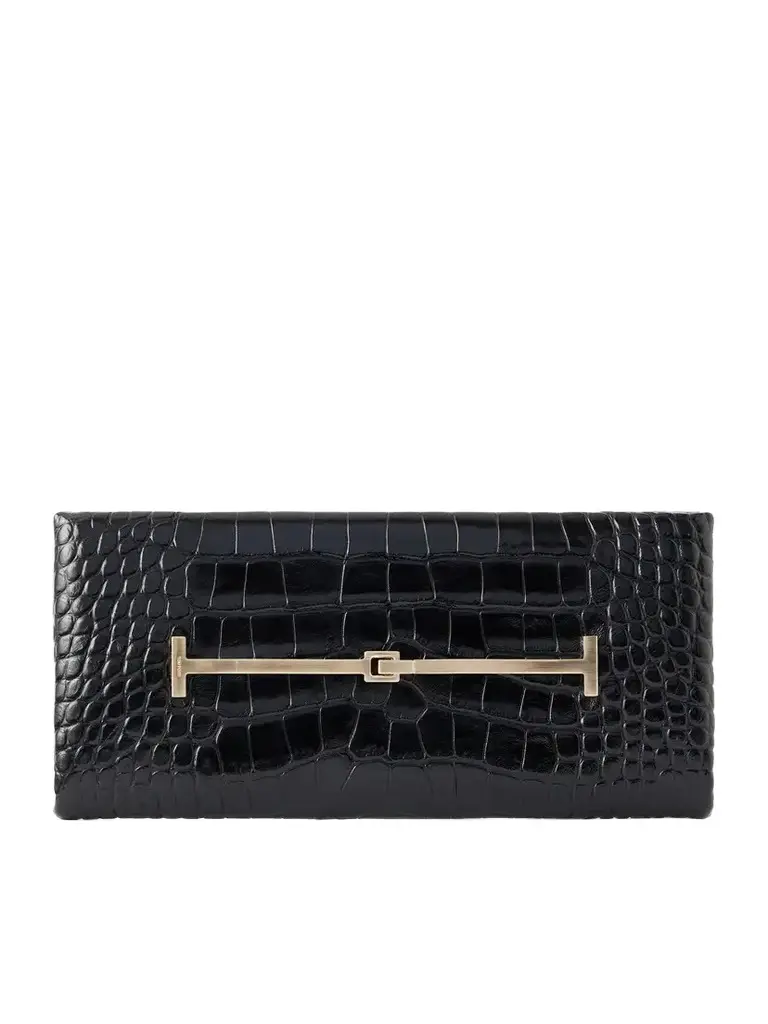 Tom Ford Arc T-embellished Croc-effect Leather Clutch
