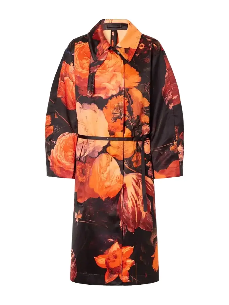 Dries Van Noten Belted Floral-print Duchess-satin Coat