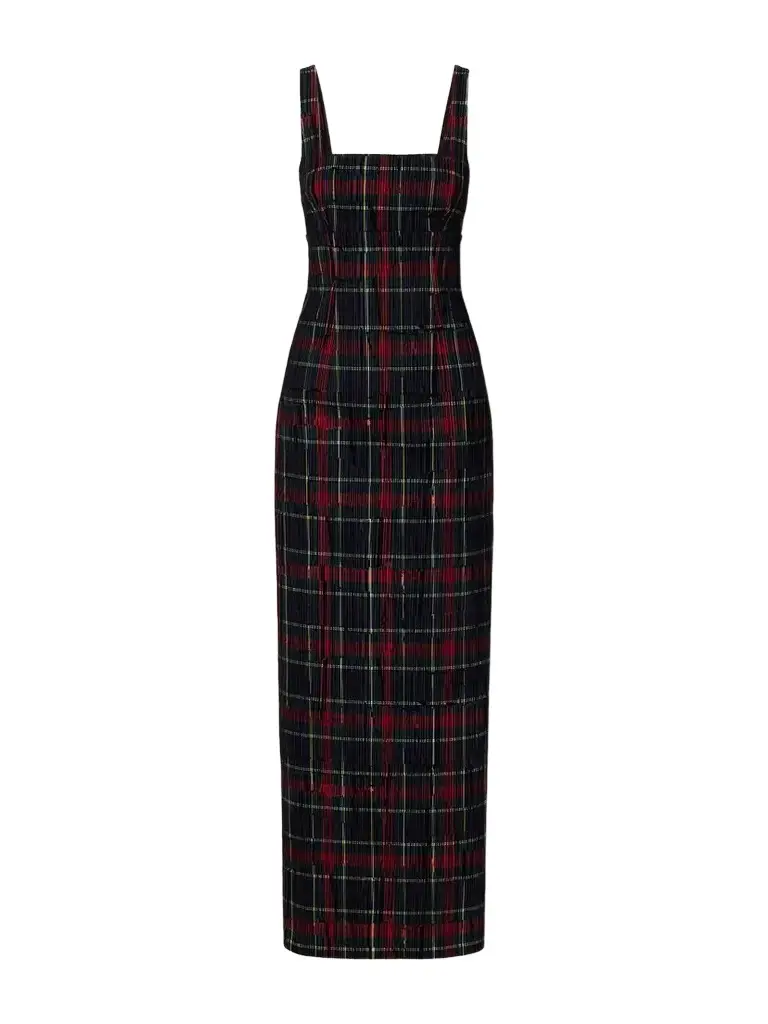 Micheline Checked Flocked Velvet-trimmed Gabardine Maxi Dress
