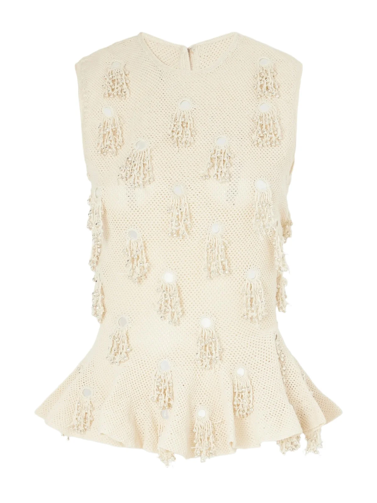 Yashvi Fringe-embellished Peplum Cotton Crochet-knit Top