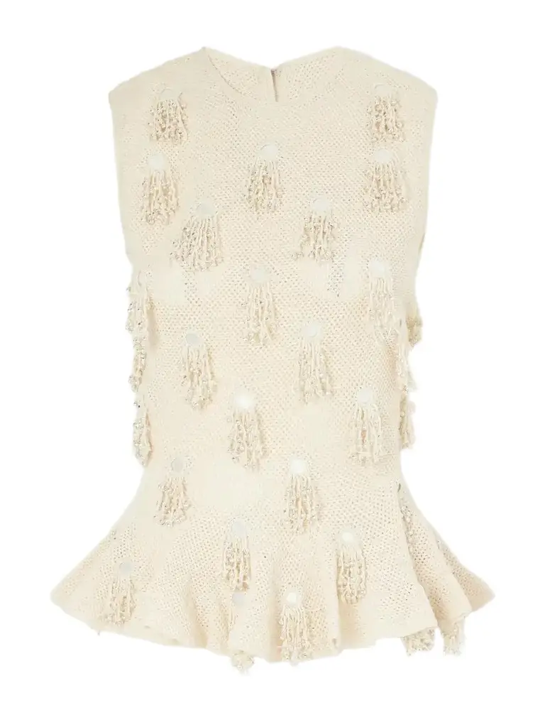 Yoshita 1967 Yashvi Fringe-embellished Peplum Cotton Crochet-knit Top