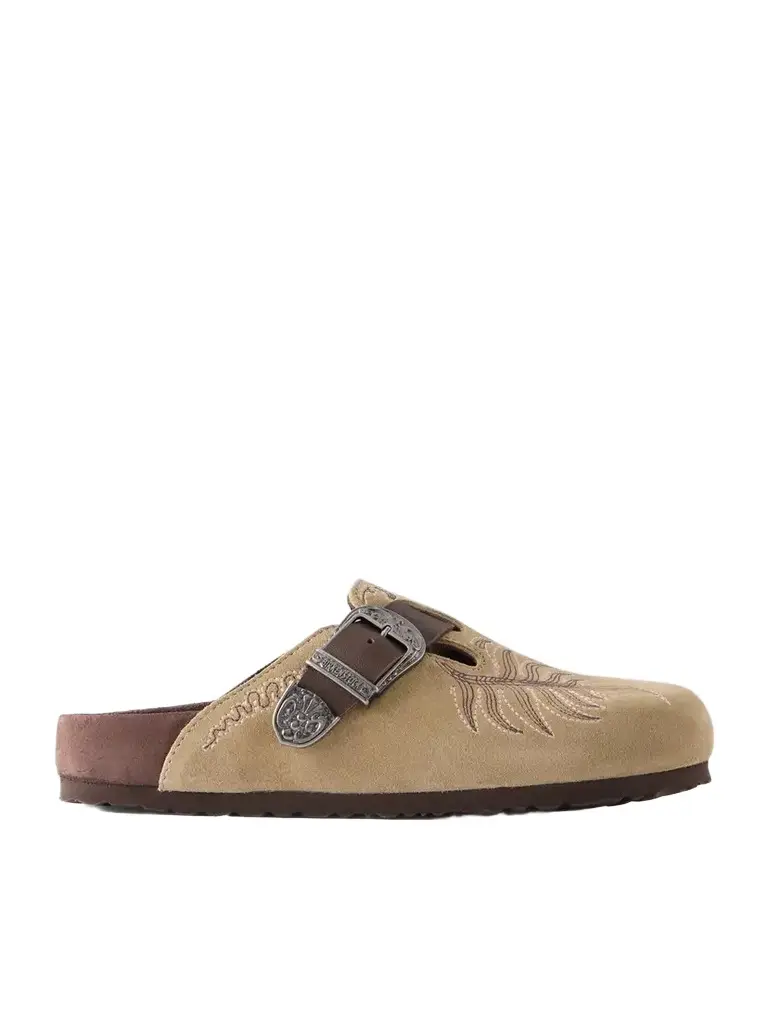 + Birkenstock Boston Embroidered Leather-trimmed Suede Mules