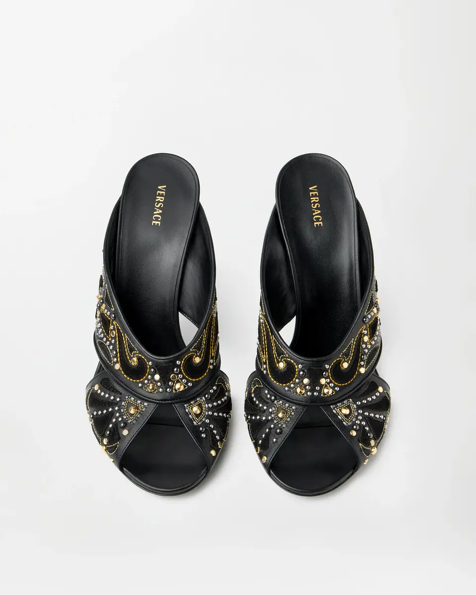 Versace Gianni Embroidered Leather Mules 90 mm | Thumbnail 2 Versace Gianni Embroidered Leather Mules 90 mm | Thumbnail 2