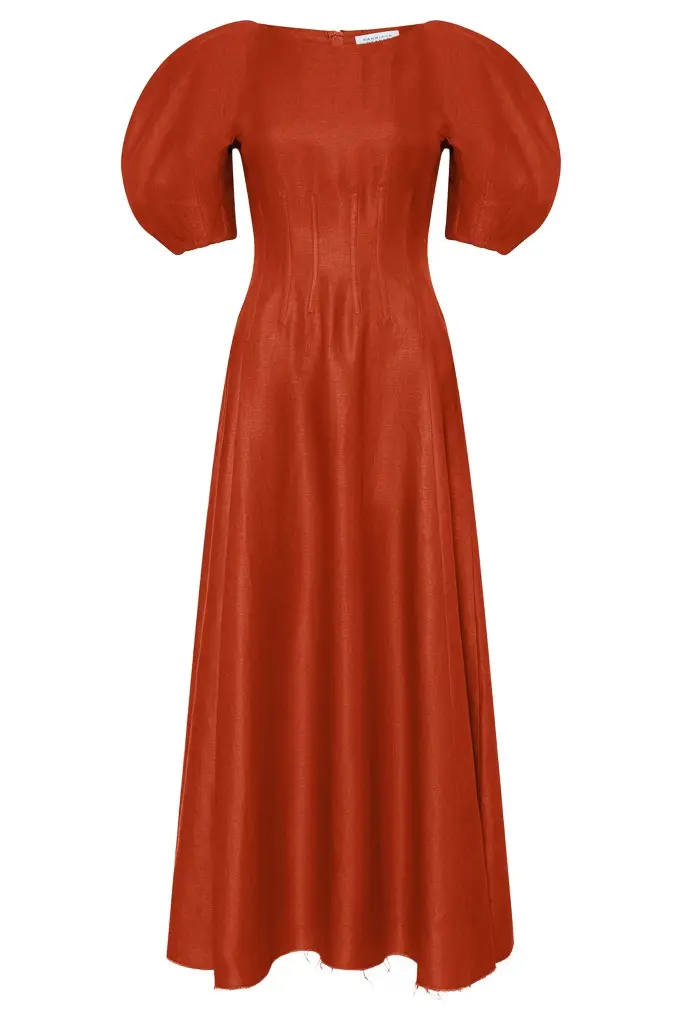 Ranya Puff Sleeve Maxi Dress in Antelope Orange Linen Twill