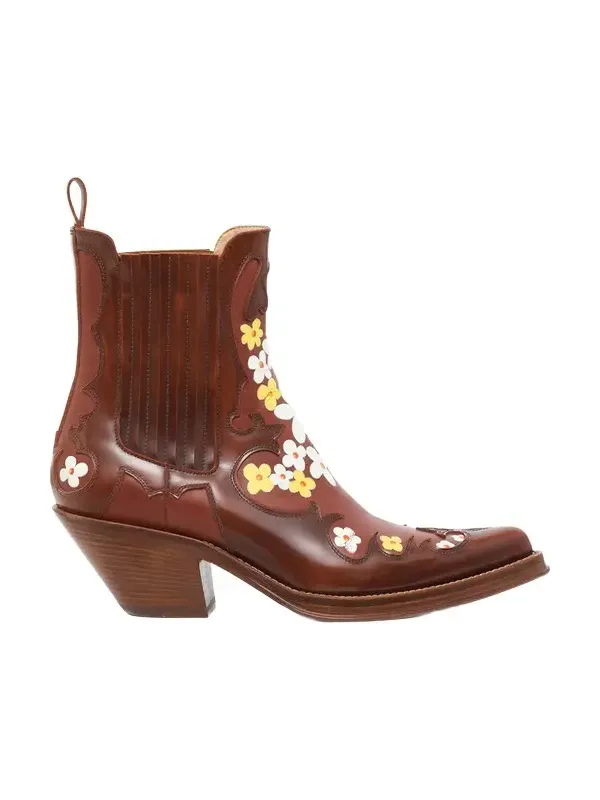 Gabriela Hearst Hand Painted Cassidy Cowboy Ankle Boot in Cognac, Yellow & White Floral Leather