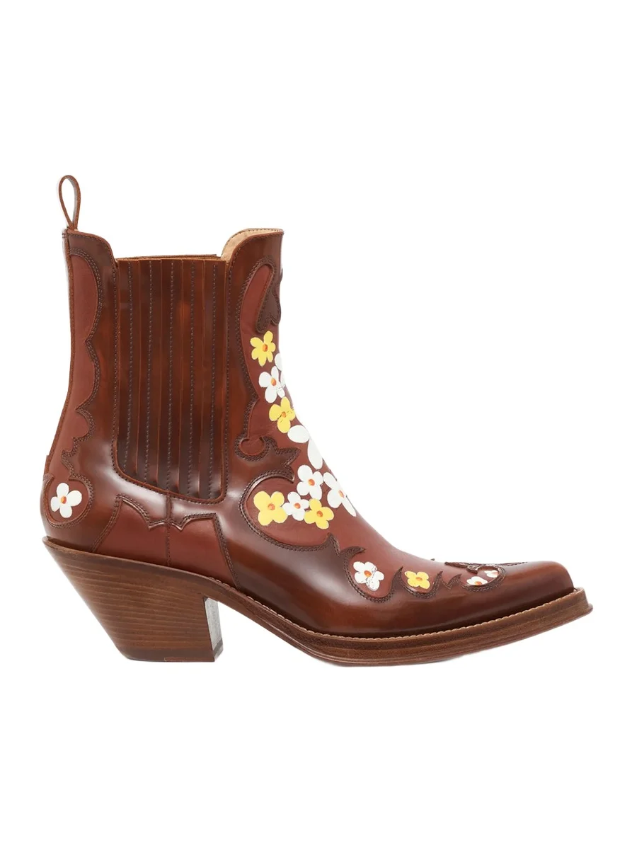 Gabriela Hearst Hand Painted Cassidy Cowboy Ankle Boot in Cognac, Yellow & White Floral Leather