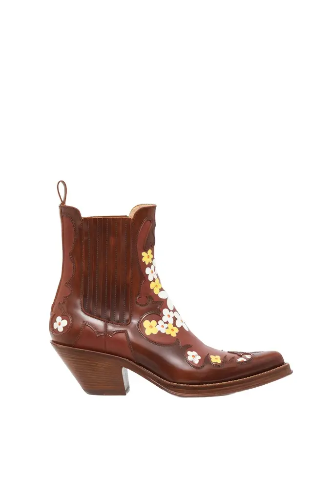Gabriela Hearst Hand Painted Cassidy Cowboy Ankle Boot in Cognac, Yellow & White Floral Leather