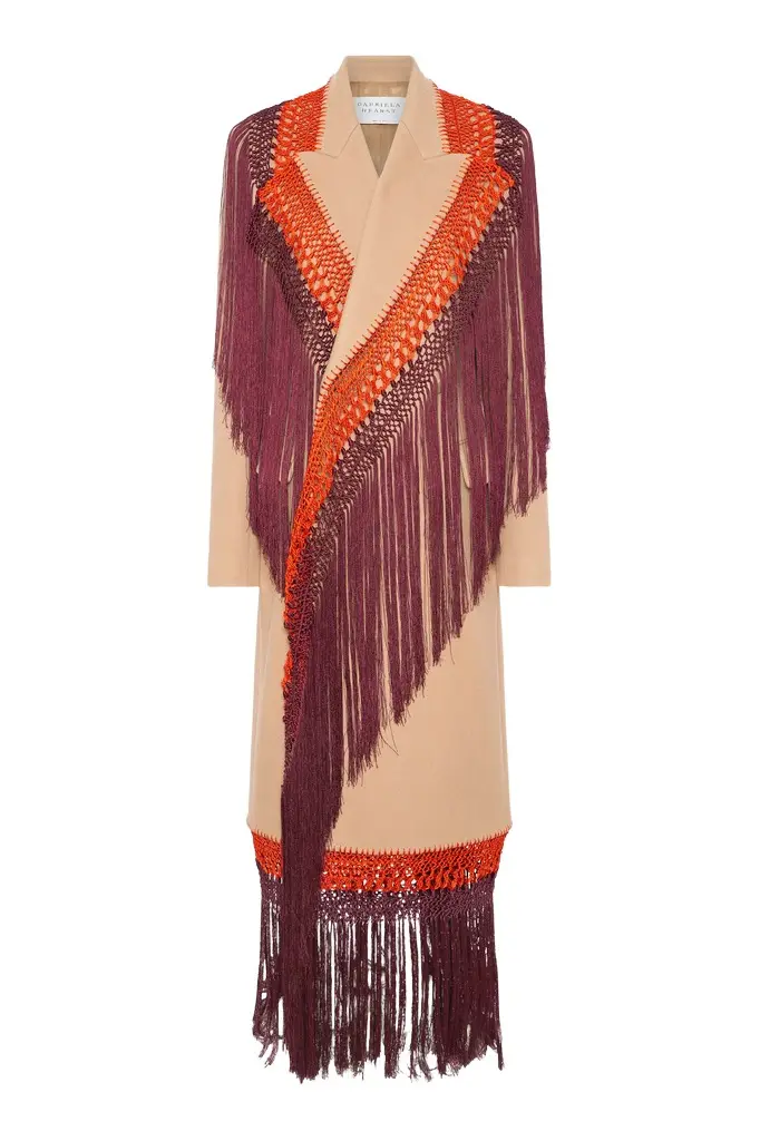 Gabriela Hearst Mcaffrey Fringe Coat in Camel Double-face Recycled Cashmere with Silk Macrame