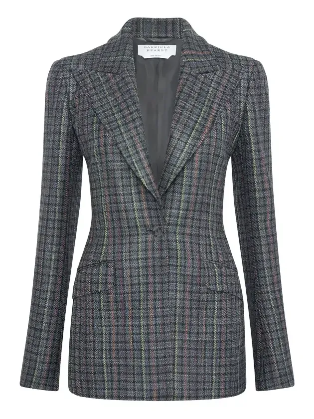 Leiva Blazer in Charcoal Multi Wool Silk Houndstooth