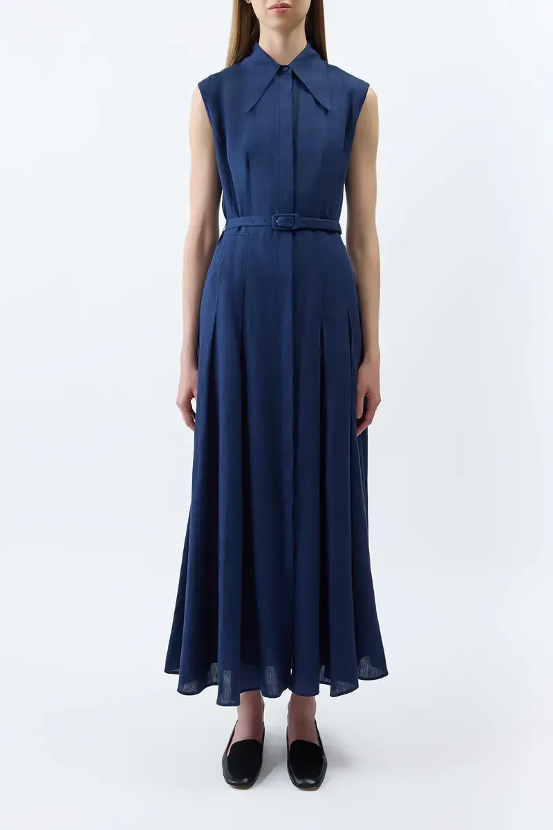 Gabriela Hearst Durand Pleated Maxi Shirtdress in Electric Navy Aloe Linen | Thumbnail 2 Gabriela Hearst Durand Pleated Maxi Shirtdress in Electric Navy Aloe Linen | Thumbnail 2