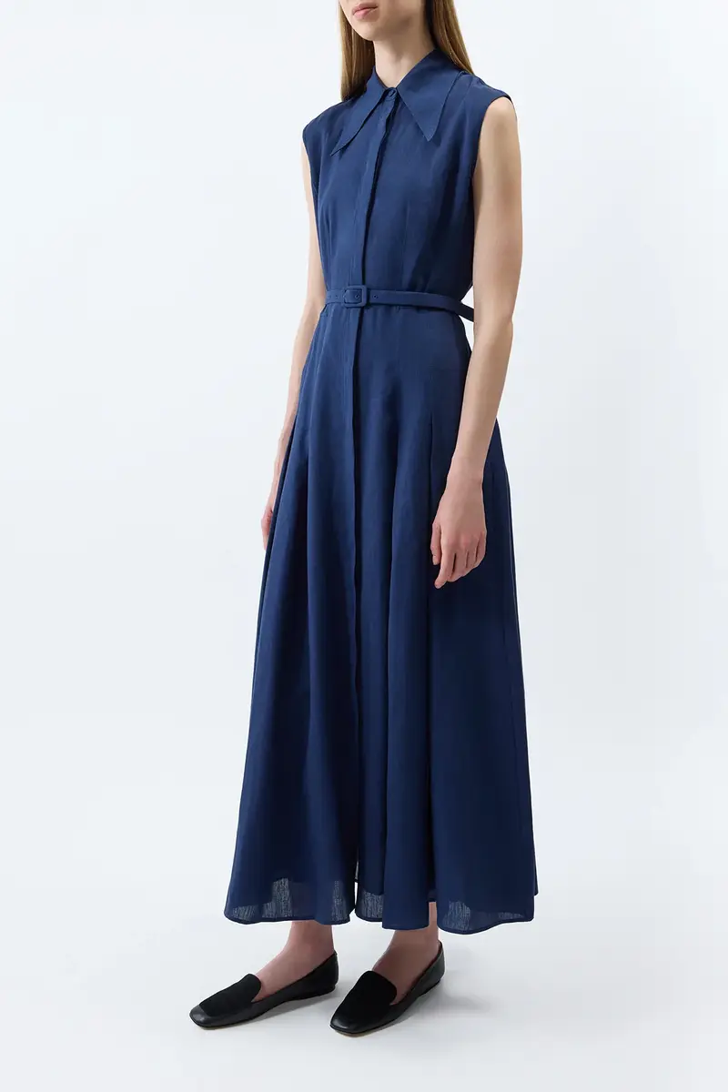Gabriela Hearst Durand Pleated Maxi Shirtdress in Electric Navy Aloe Linen | Thumbnail 3 Gabriela Hearst Durand Pleated Maxi Shirtdress in Electric Navy Aloe Linen | Thumbnail 3