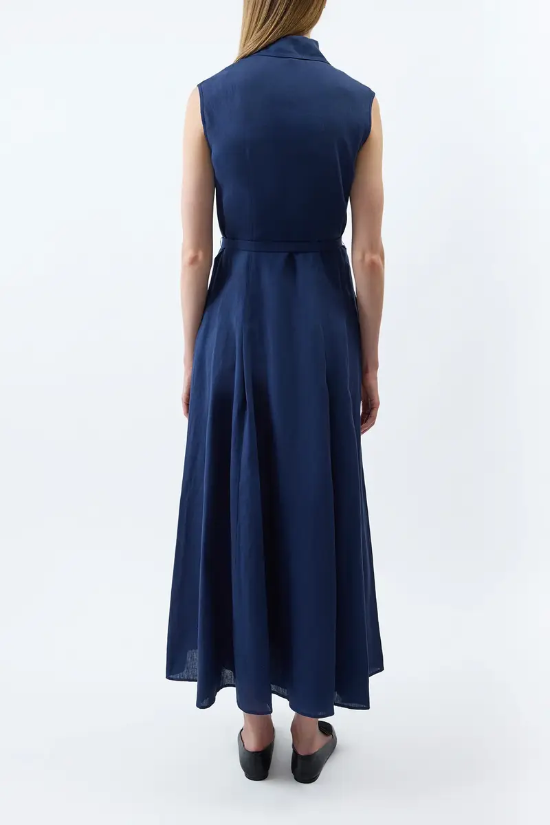 Gabriela Hearst Durand Pleated Maxi Shirtdress in Electric Navy Aloe Linen | Thumbnail 4 Gabriela Hearst Durand Pleated Maxi Shirtdress in Electric Navy Aloe Linen | Thumbnail 4