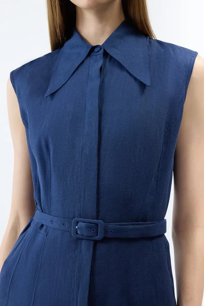 Gabriela Hearst Durand Pleated Maxi Shirtdress in Electric Navy Aloe Linen | Thumbnail 5 Gabriela Hearst Durand Pleated Maxi Shirtdress in Electric Navy Aloe Linen | Thumbnail 5