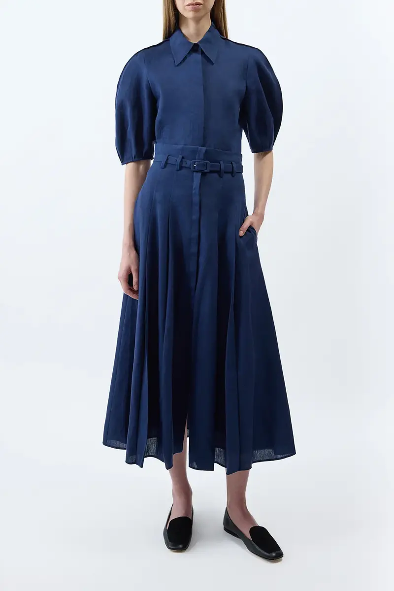 Gabriela Hearst Dugald Pleated Midi Skirt in Electric Navy Aloe Linen | Thumbnail 2 Gabriela Hearst Dugald Pleated Midi Skirt in Electric Navy Aloe Linen | Thumbnail 2