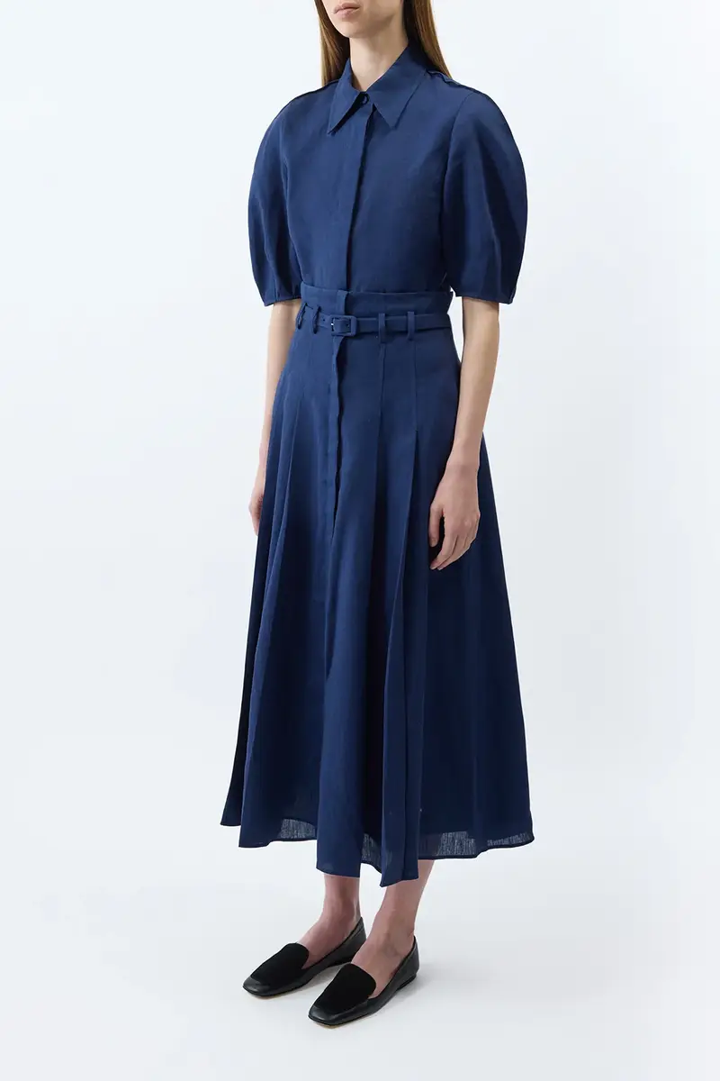 Gabriela Hearst Dugald Pleated Midi Skirt in Electric Navy Aloe Linen | Thumbnail 3 Gabriela Hearst Dugald Pleated Midi Skirt in Electric Navy Aloe Linen | Thumbnail 3