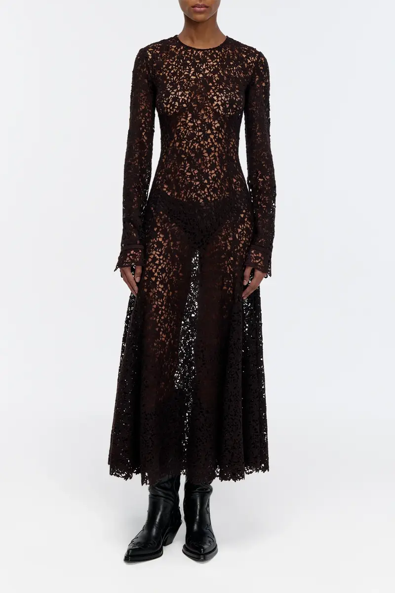 Gabriela Hearst Mabel Dress in Chocolate Floral Cashmere Lace with Suede Lace Cuffs | Thumbnail 2 Gabriela Hearst Mabel Dress in Chocolate Floral Cashmere Lace with Suede Lace Cuffs | Thumbnail 2