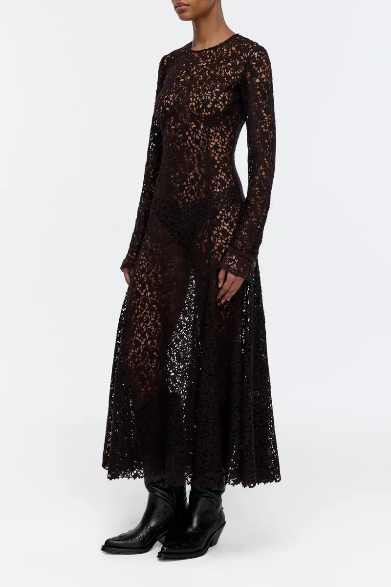 Gabriela Hearst Mabel Dress in Chocolate Floral Cashmere Lace with Suede Lace Cuffs | Thumbnail 3 Gabriela Hearst Mabel Dress in Chocolate Floral Cashmere Lace with Suede Lace Cuffs | Thumbnail 3