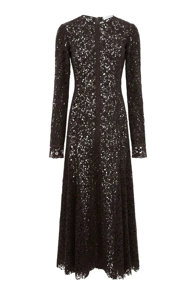 Gabriela Hearst Mabel Dress in Chocolate Floral Cashmere Lace with Suede Lace Cuffs