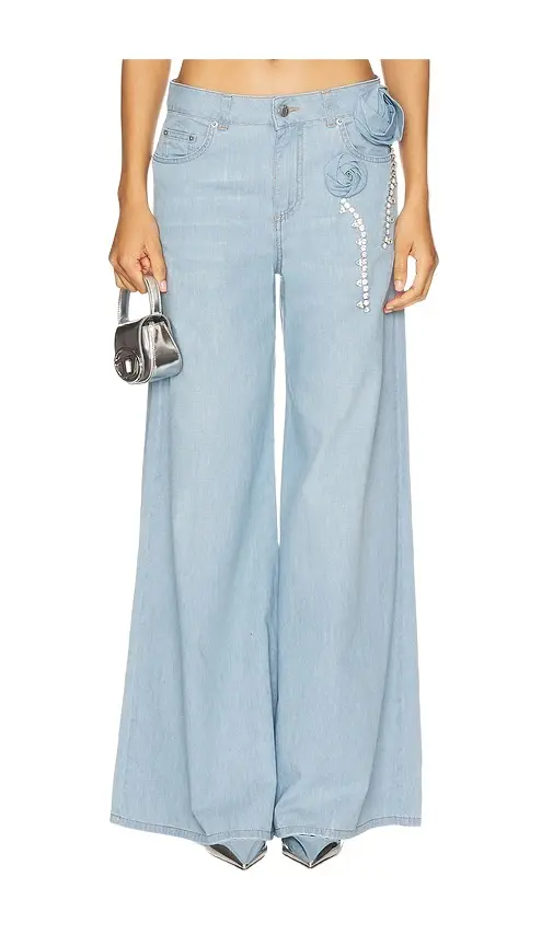 AREA Crystal Rosette Wide Leg Jeans