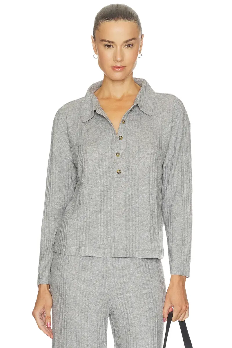 Variegated Rib Long Sleeve Polo Top Variegated Rib Long Sleeve Polo Top