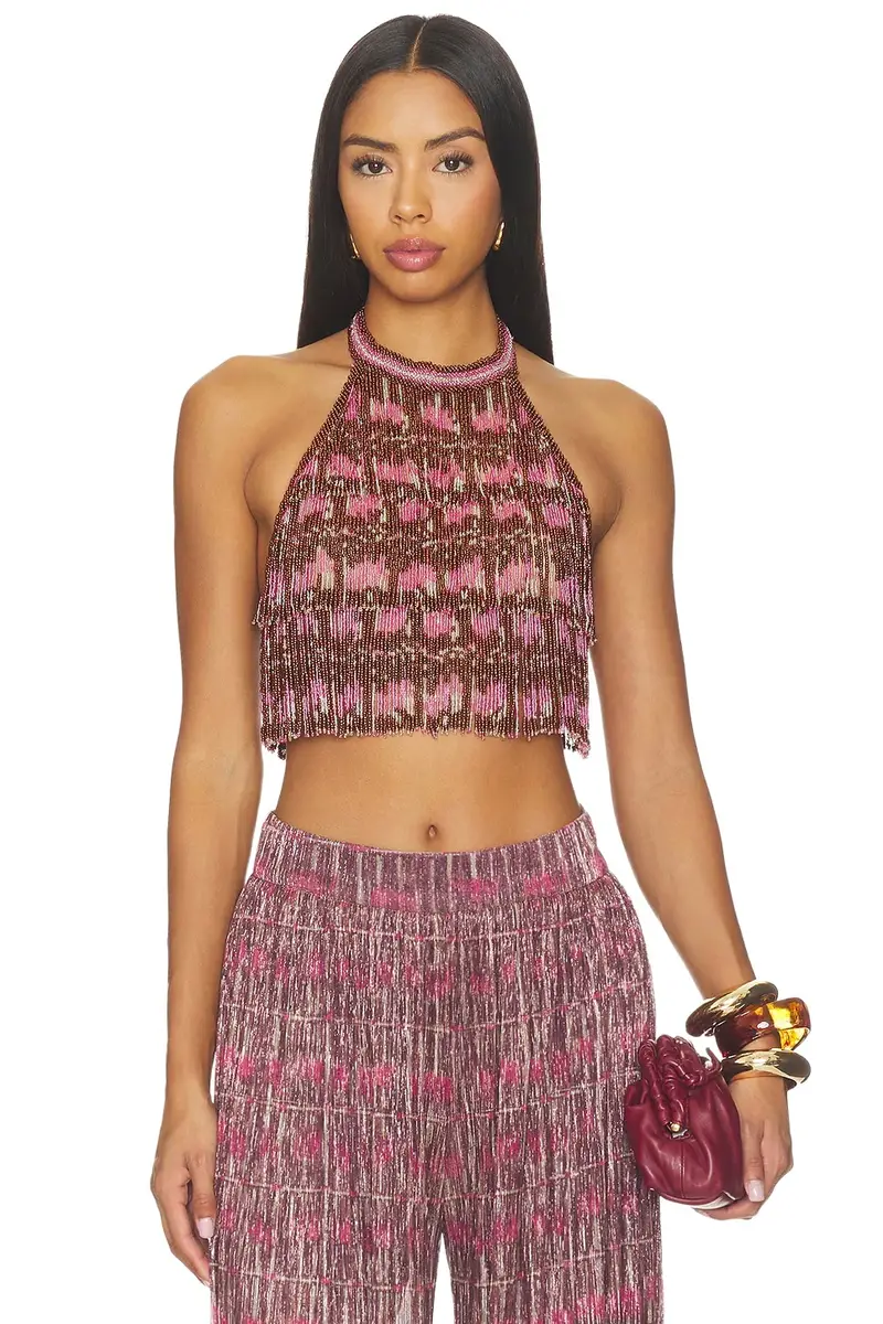 PatBo Rose Mirage Beaded Halterneck Top