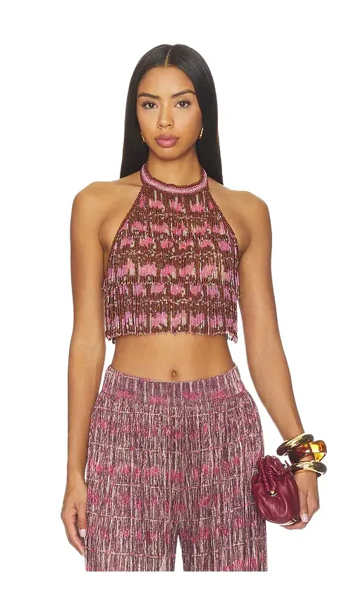 PatBo Rose Mirage Beaded Halterneck Top