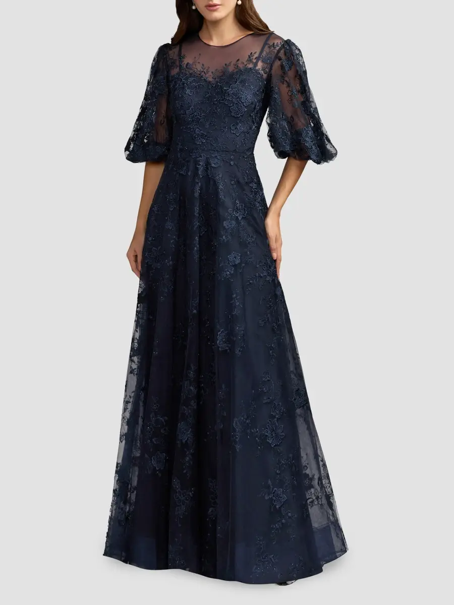 Mac Duggal Women's Embroidered Illusion High-Neck Puff-Sleeve A-Line Gown | Thumbnail 2 Mac Duggal Women's Embroidered Illusion High-Neck Puff-Sleeve A-Line Gown | Thumbnail 2