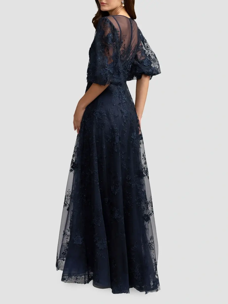 Mac Duggal Women's Embroidered Illusion High-Neck Puff-Sleeve A-Line Gown | Thumbnail 3 Mac Duggal Women's Embroidered Illusion High-Neck Puff-Sleeve A-Line Gown | Thumbnail 3