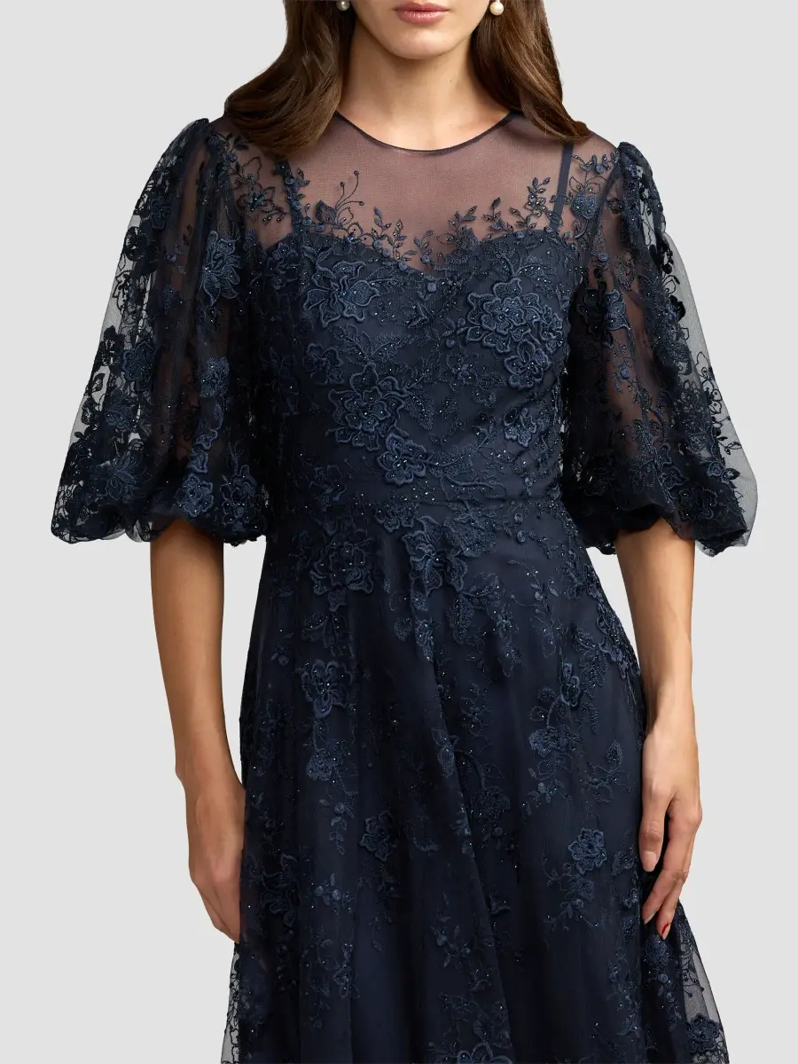 Mac Duggal Women's Embroidered Illusion High-Neck Puff-Sleeve A-Line Gown | Thumbnail 4 Mac Duggal Women's Embroidered Illusion High-Neck Puff-Sleeve A-Line Gown | Thumbnail 4