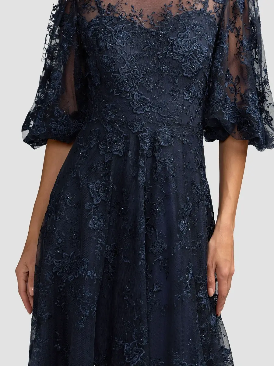 Mac Duggal Women's Embroidered Illusion High-Neck Puff-Sleeve A-Line Gown | Thumbnail 5 Mac Duggal Women's Embroidered Illusion High-Neck Puff-Sleeve A-Line Gown | Thumbnail 5