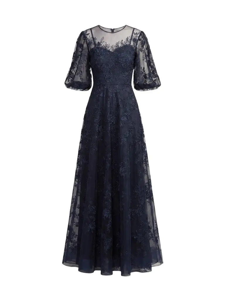 Mac Duggal Women's Embroidered Illusion High-Neck Puff-Sleeve A-Line Gown