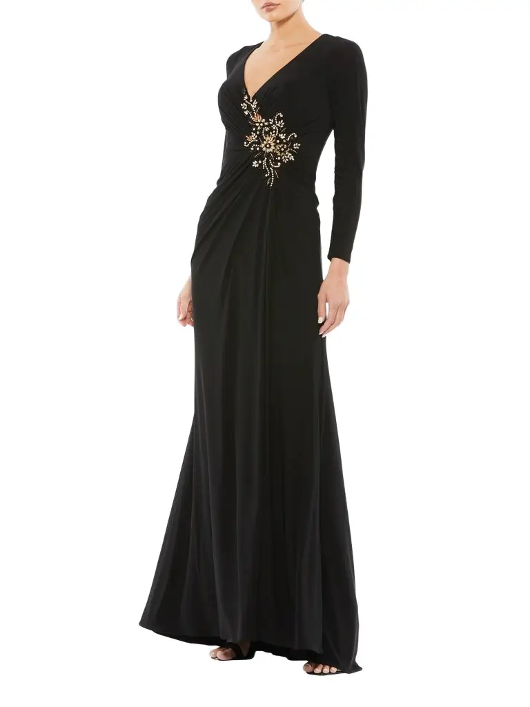 Mac Duggal Women's Appliqué Long-Sleeve Gown